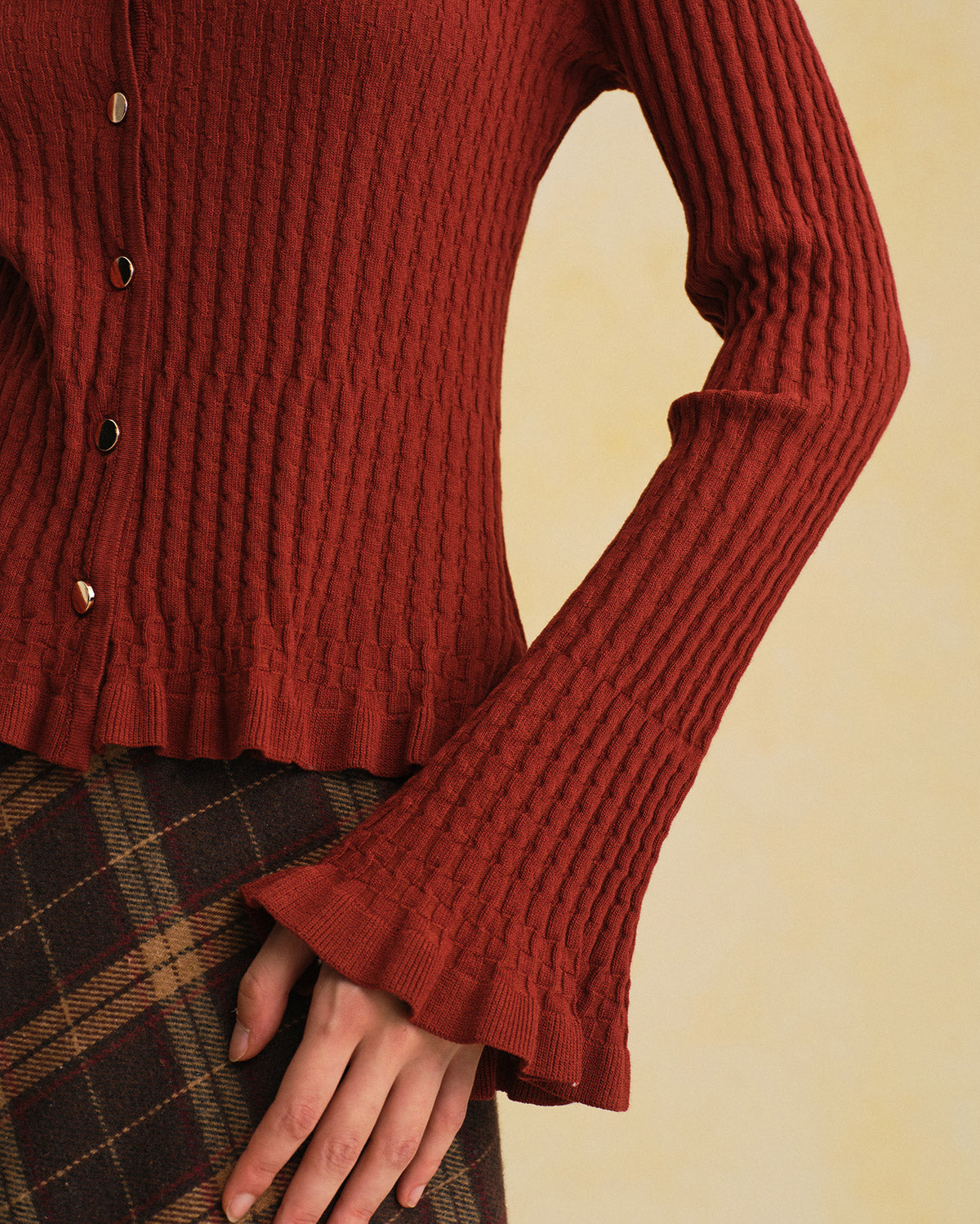 Brown Knit Cardigan with V-Neck and Bell Sleeves