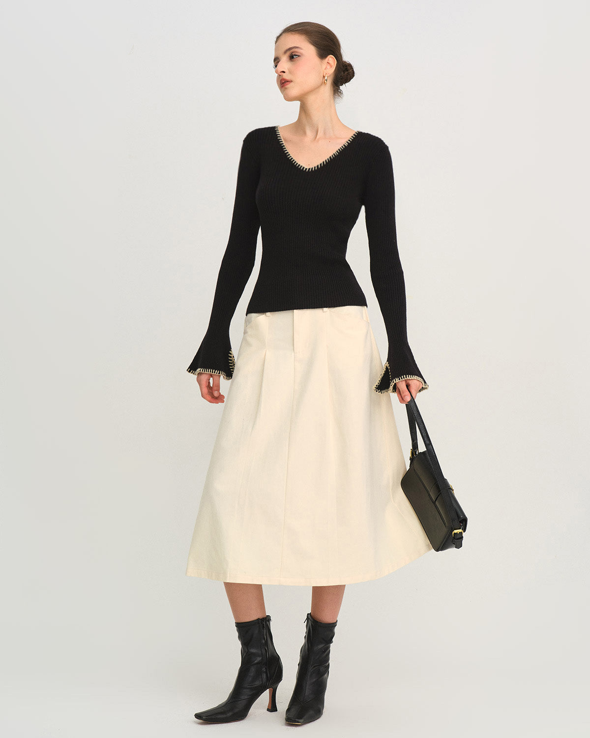 Black Knit Tee with Contrasting Bell Sleeves