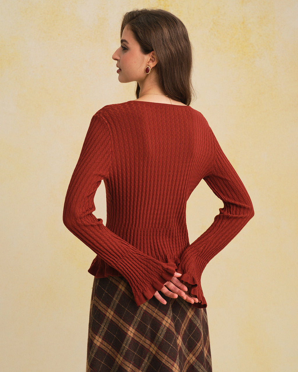 Brown Knit Cardigan with V-Neck and Bell Sleeves
