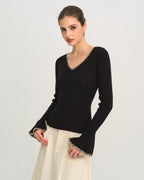 Black Knit Tee with Contrasting Bell Sleeves