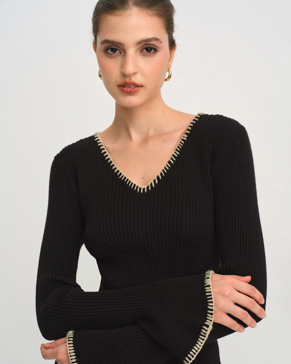 Black Knit Tee with Contrasting Bell Sleeves