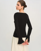 Black Knit Tee with Contrasting Bell Sleeves