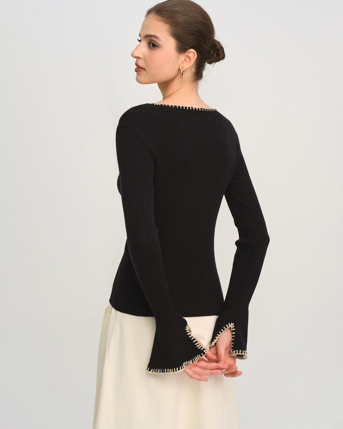 Black Knit Tee with Contrasting Bell Sleeves