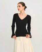 Black Knit Tee with Contrasting Bell Sleeves