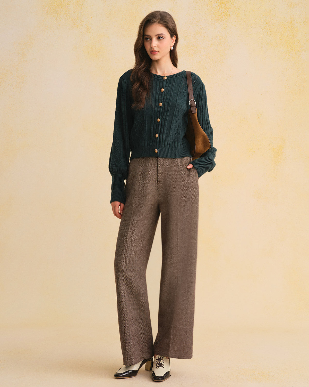 Vintage-Inspired Green Knit Cardigan with Lantern Sleeves