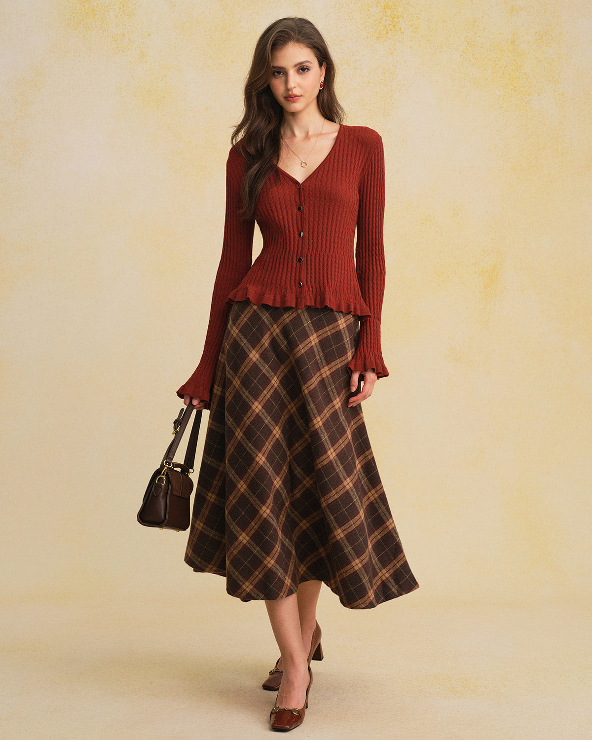 Brown Knit Cardigan with V-Neck and Bell Sleeves