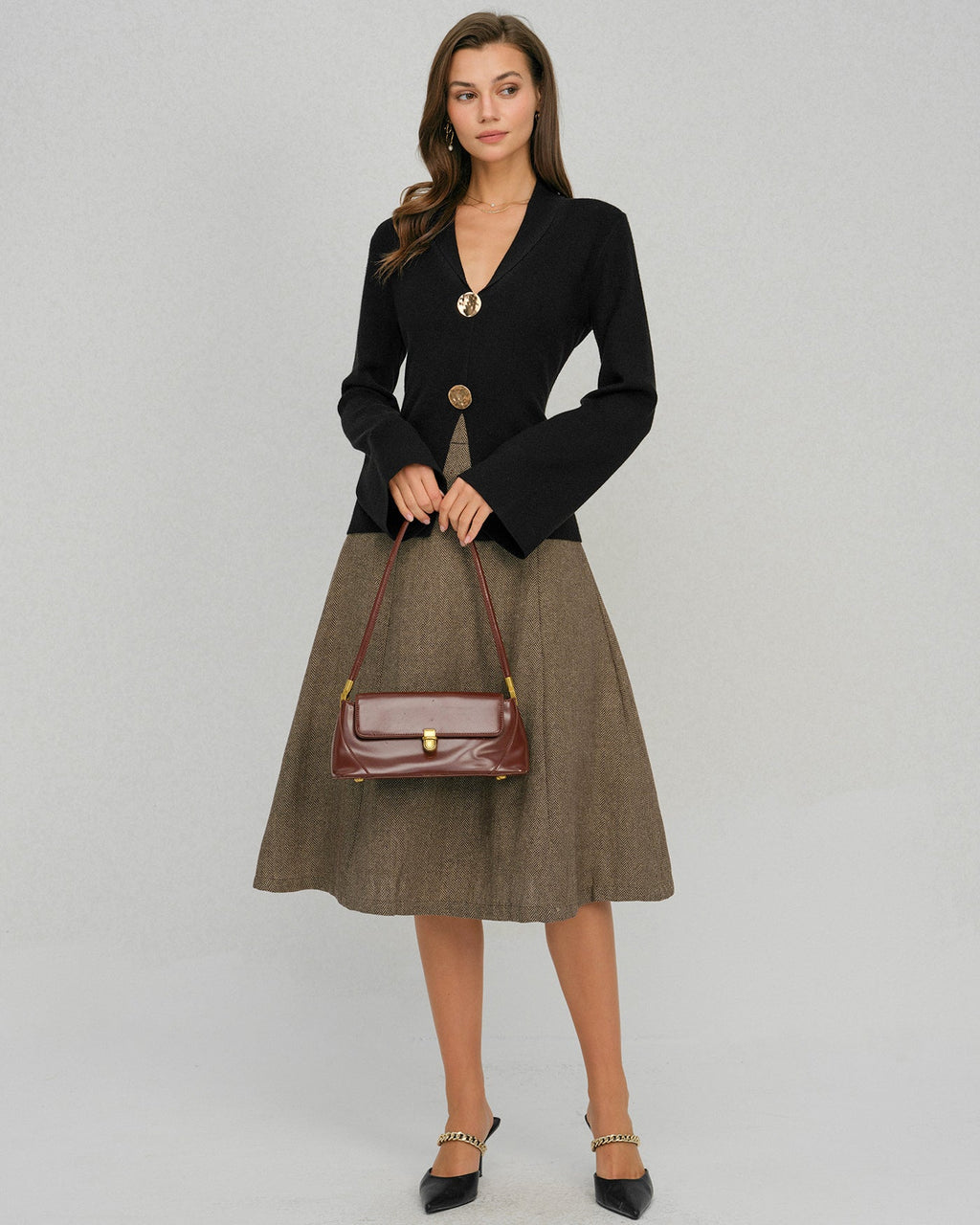 Black Sweater with Bell Sleeves and Buttoned Collar