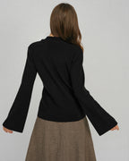 Black Sweater with Bell Sleeves and Buttoned Collar