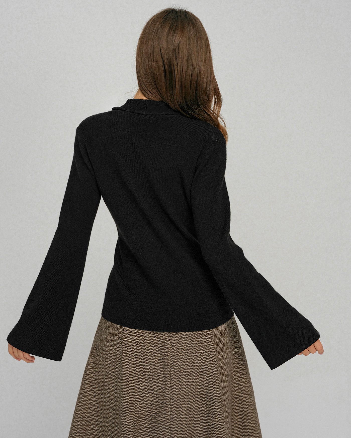 Black Sweater with Bell Sleeves and Buttoned Collar