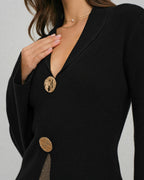 Black Sweater with Bell Sleeves and Buttoned Collar