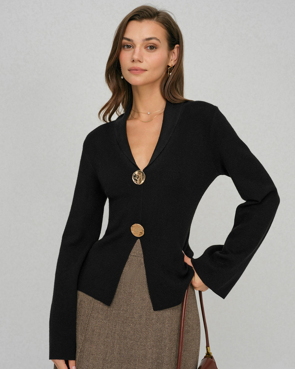 Black Sweater with Bell Sleeves and Buttoned Collar