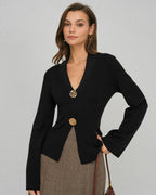 Black Sweater with Bell Sleeves and Buttoned Collar