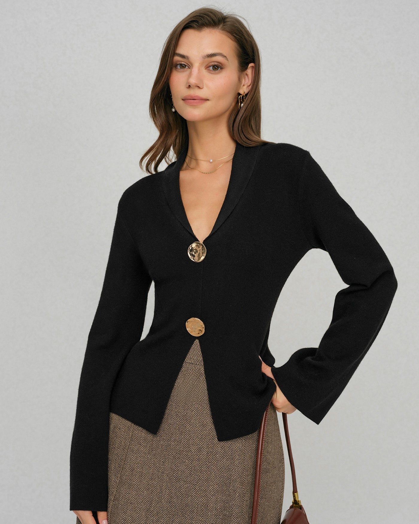Black Sweater with Bell Sleeves and Buttoned Collar