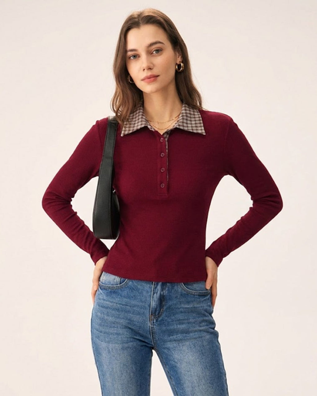 Red Plaid Viscose T-Shirt with Collar