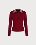 Red Plaid Viscose T-Shirt with Collar