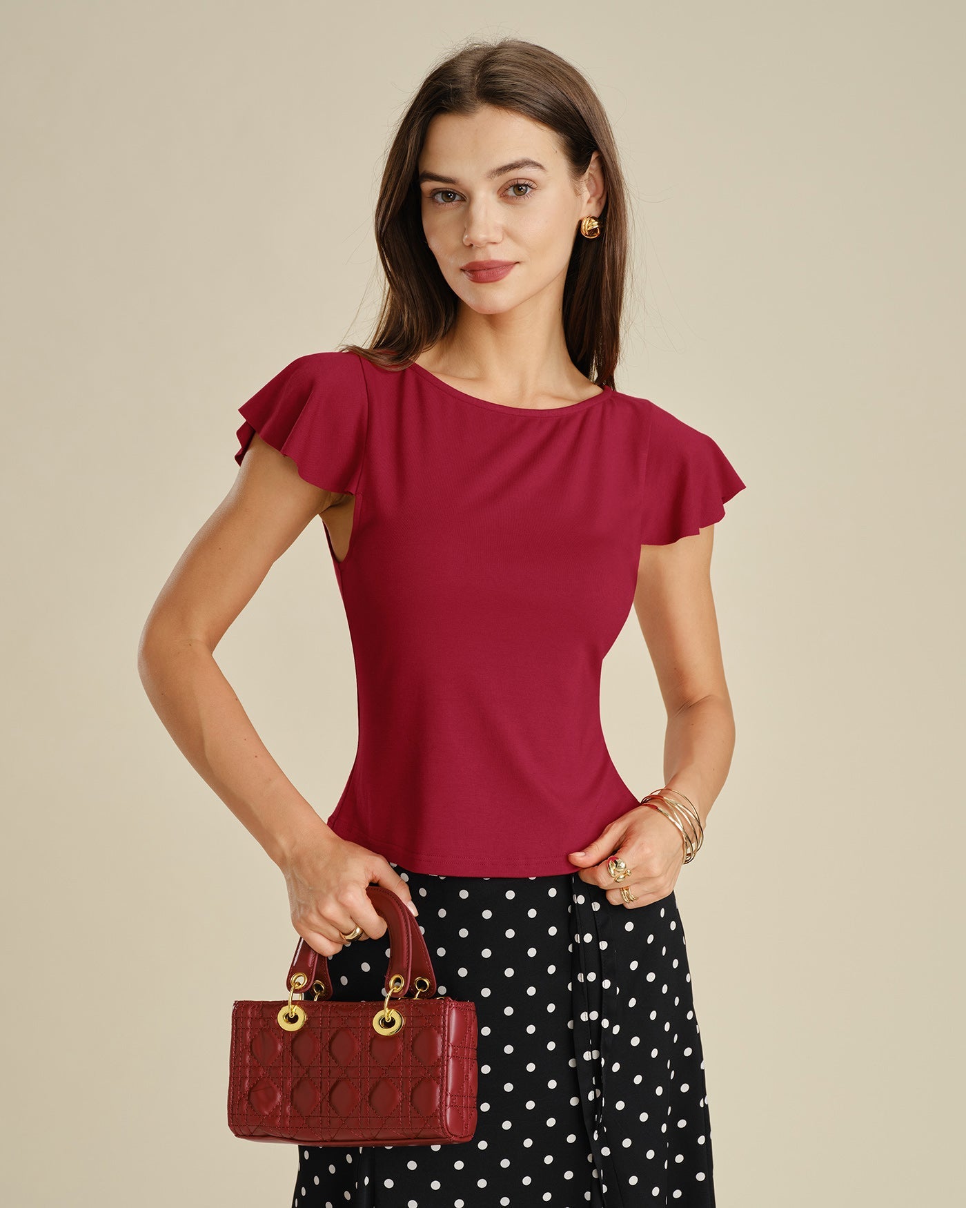 Solid Red Boat Neck Knit T-Shirt