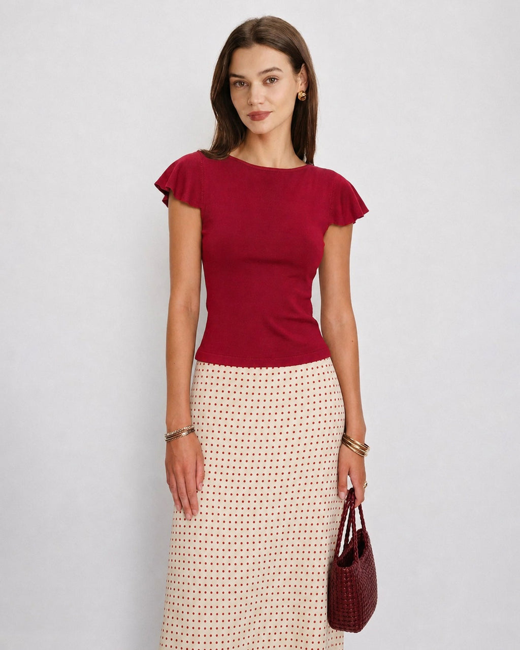 Solid Red Boat Neck Knit T-Shirt