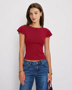 Solid Red Boat Neck Knit T-Shirt