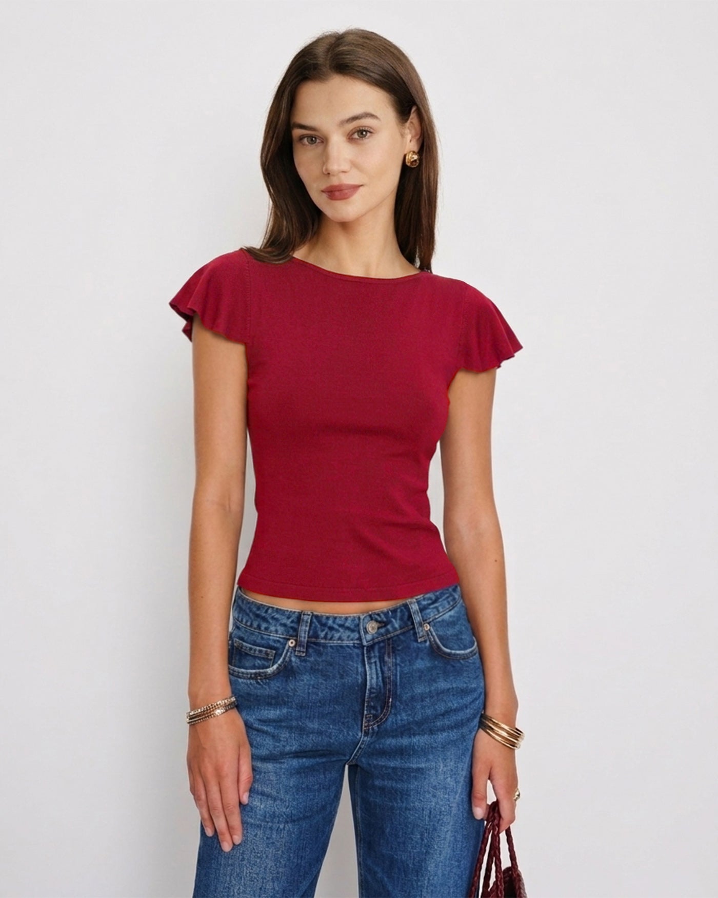 Solid Red Boat Neck Knit T-Shirt