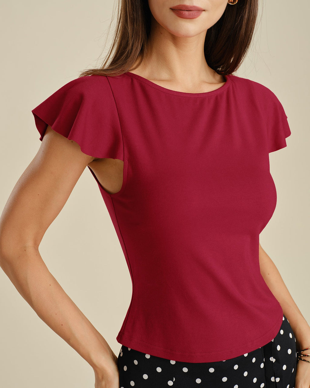 Solid Red Boat Neck Knit T-Shirt