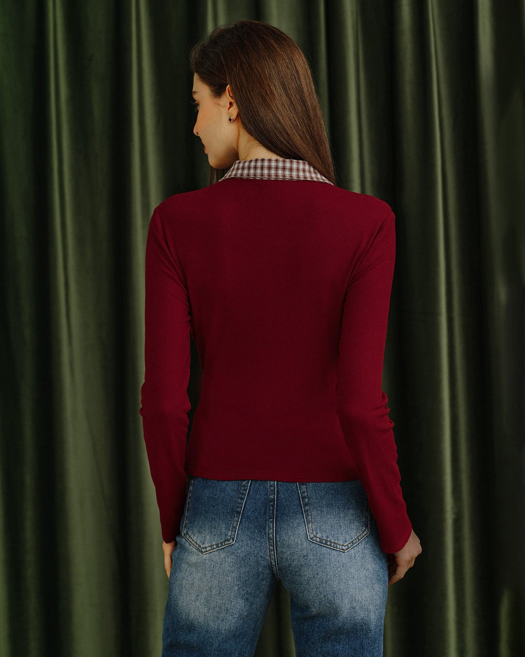 Red Plaid Viscose T-Shirt with Collar