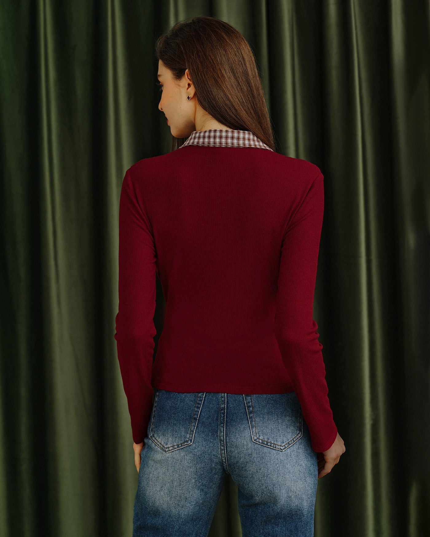 Red Plaid Viscose T-Shirt with Collar