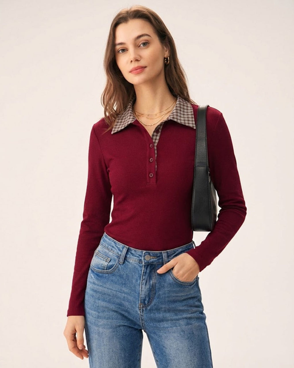 Red Plaid Viscose T-Shirt with Collar