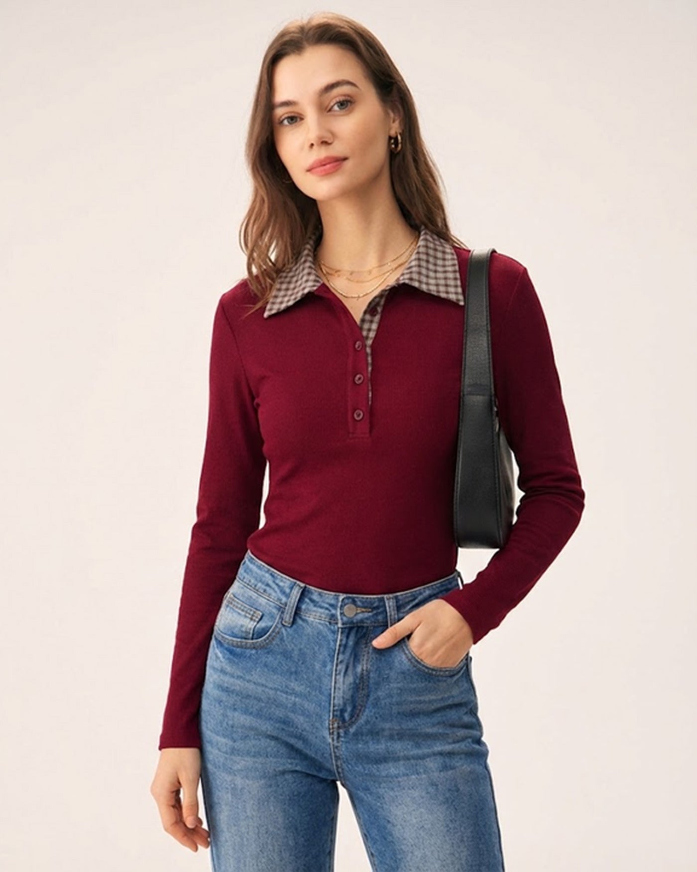 Red Plaid Viscose T-Shirt with Collar