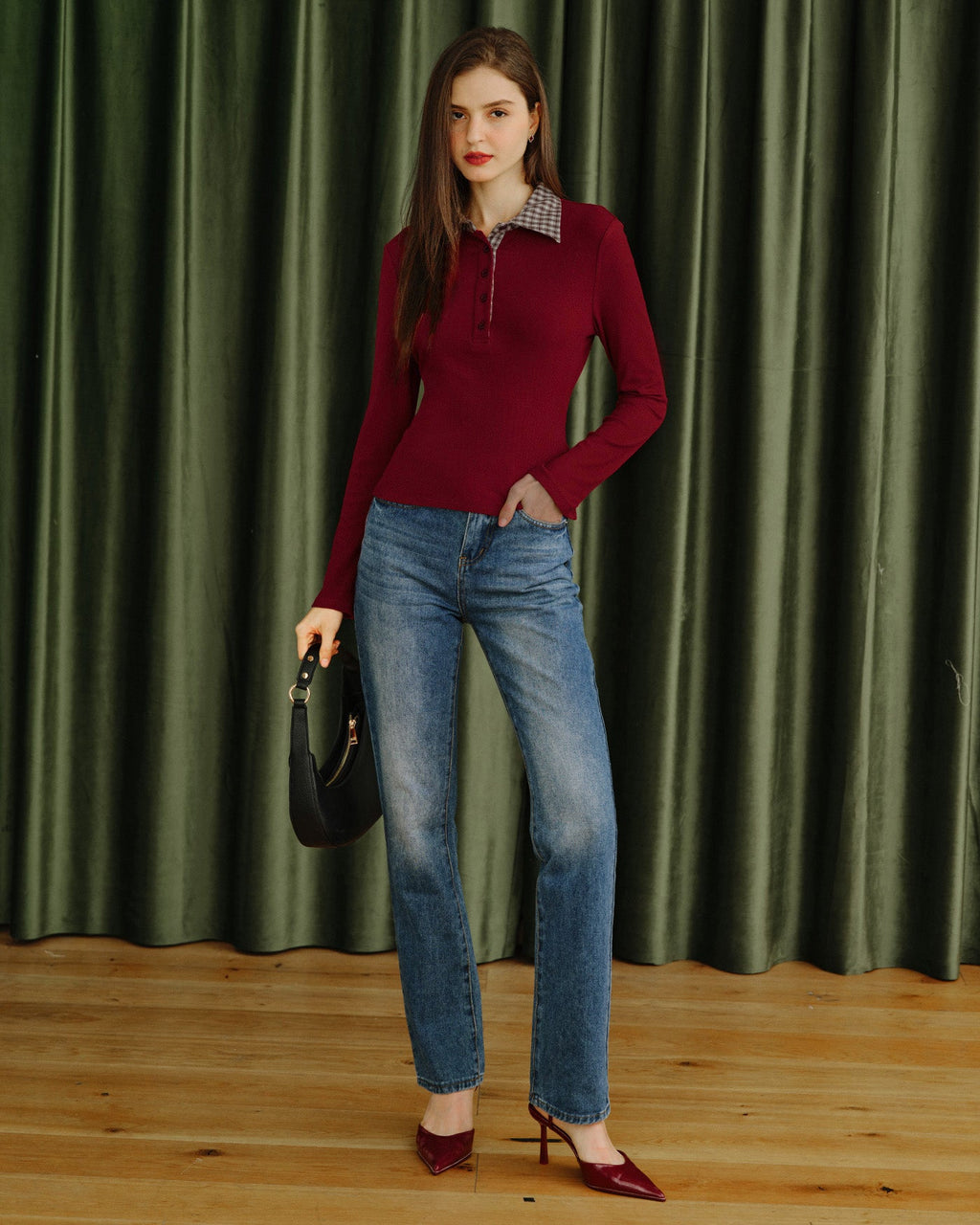 Red Plaid Viscose T-Shirt with Collar