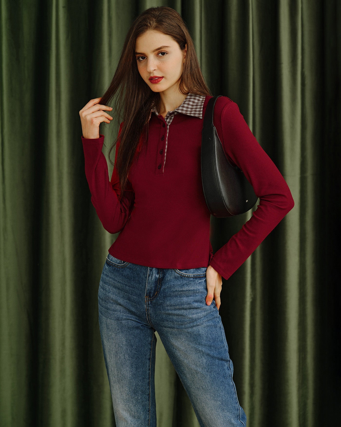 Red Plaid Viscose T-Shirt with Collar