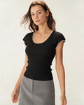 Black U-Neck Tee with Pearl Accents