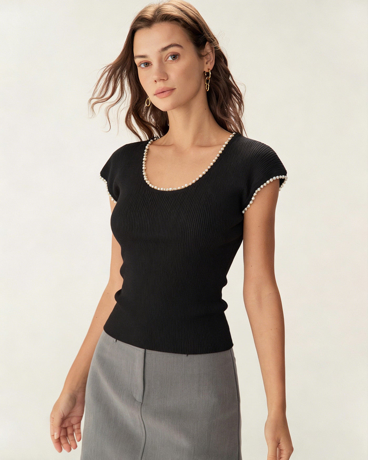 Black U-Neck Tee with Pearl Accents