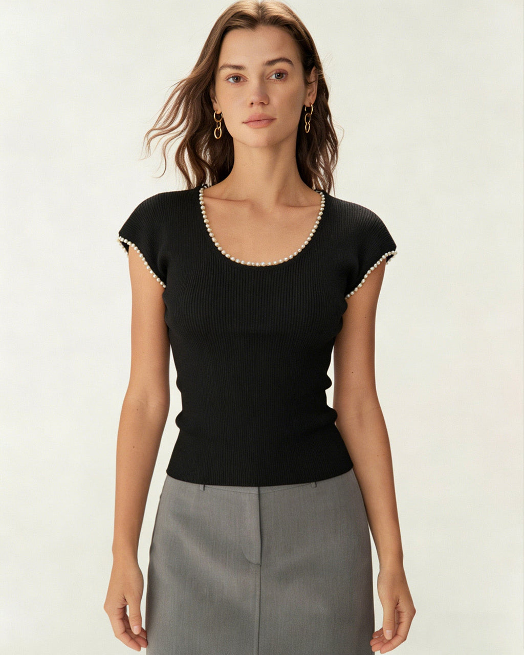 Black U-Neck Tee with Pearl Accents