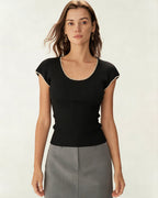 Black U-Neck Tee with Pearl Accents