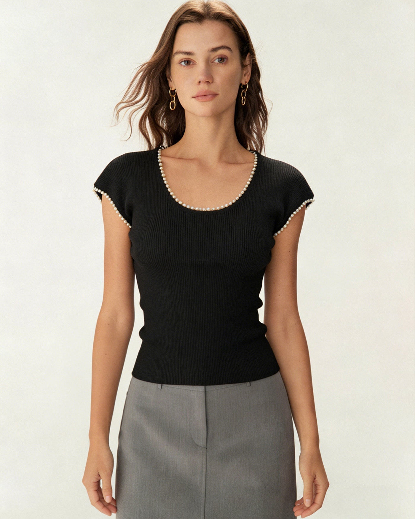Black U-Neck Tee with Pearl Accents