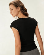 Black U-Neck Tee with Pearl Accents