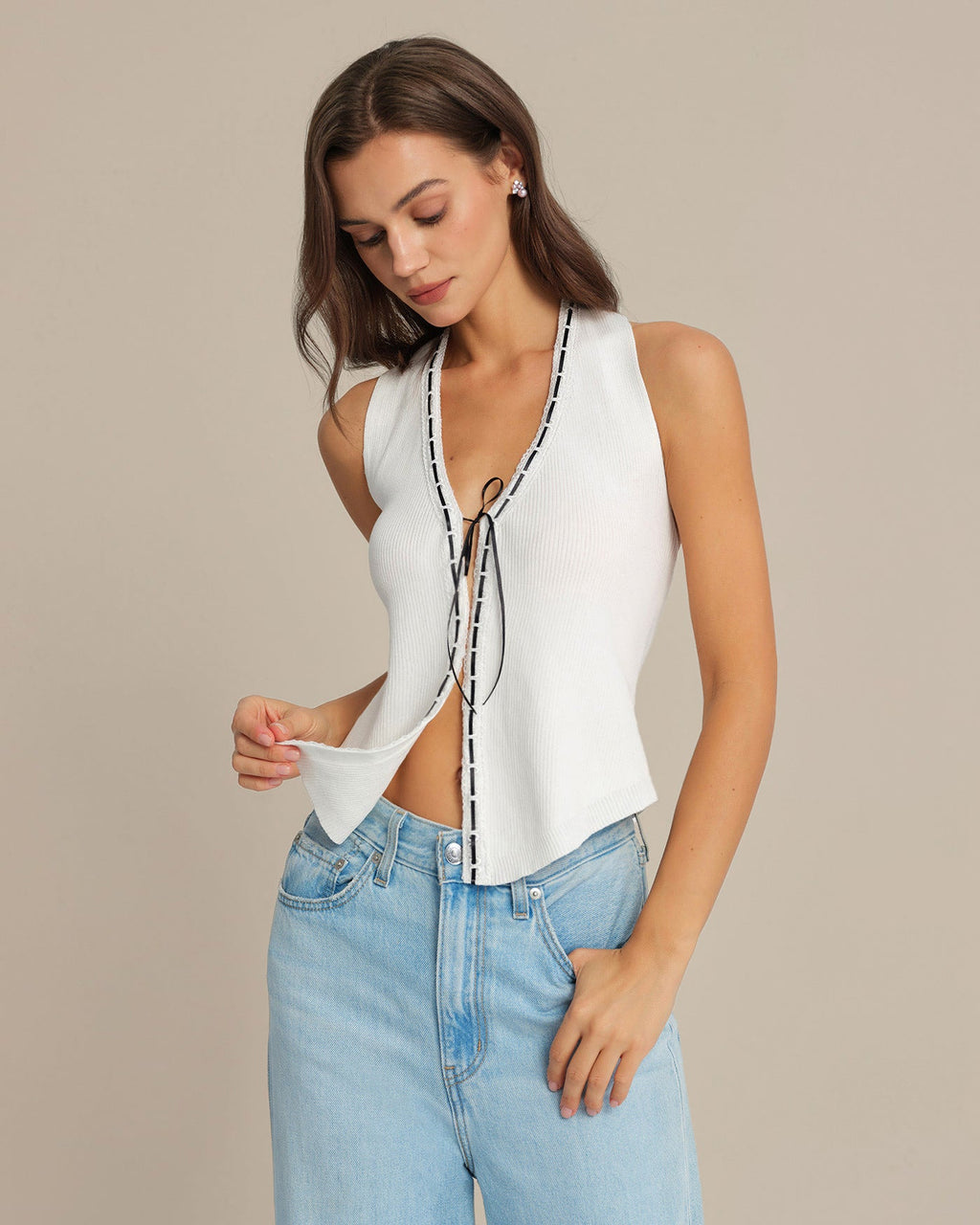 White Halter Neck Drawstring Top