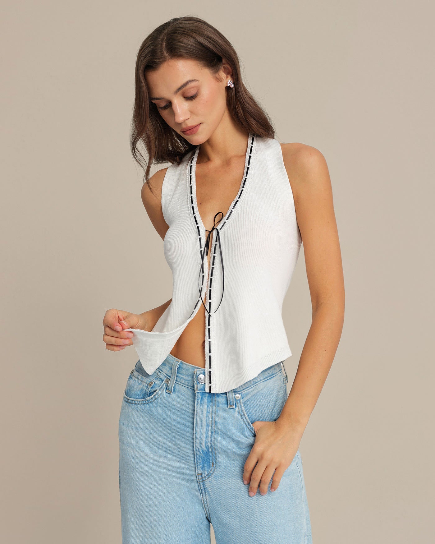 White Halter Neck Drawstring Top