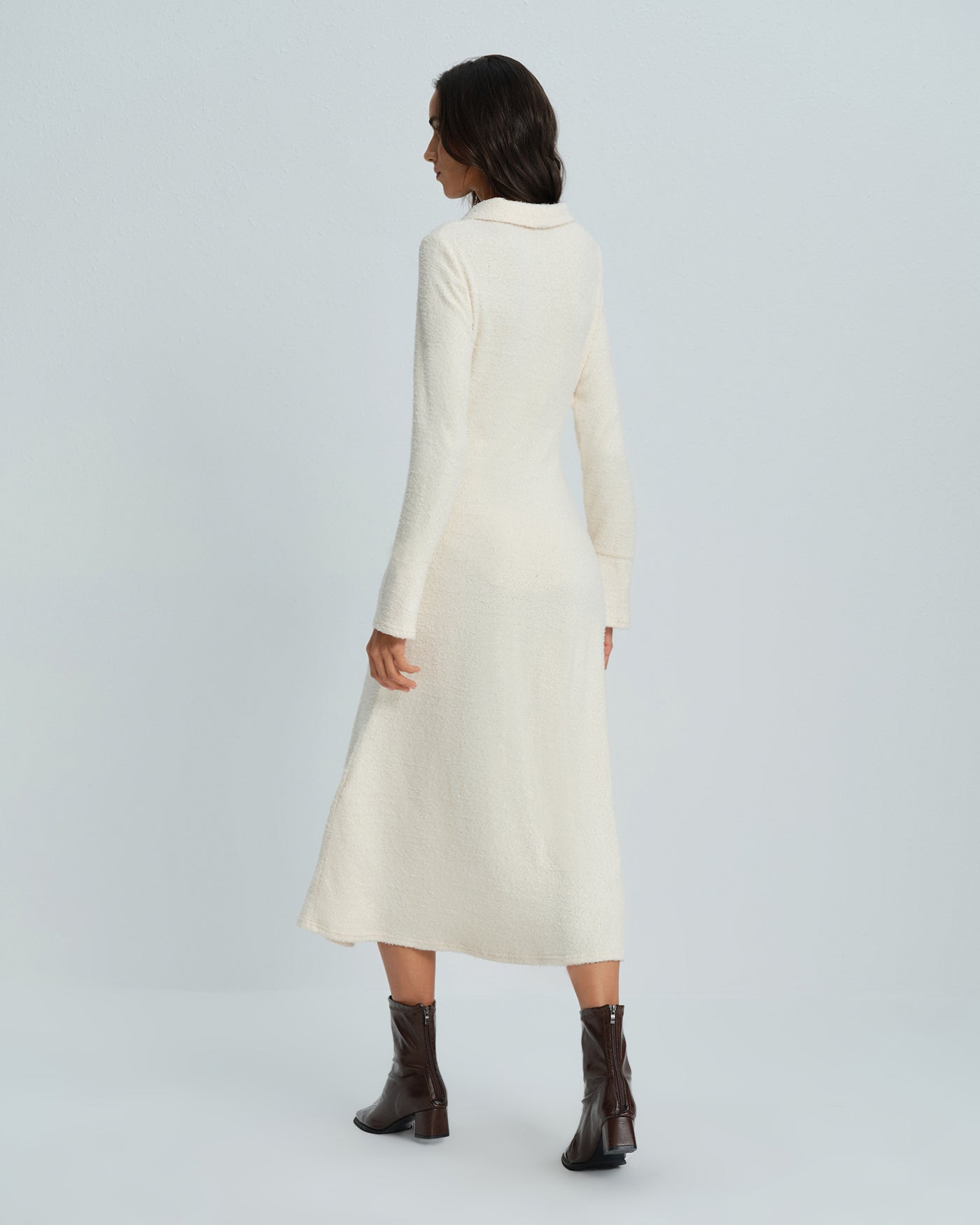 Apricot Midi Dress with Bell Sleeves and Collar