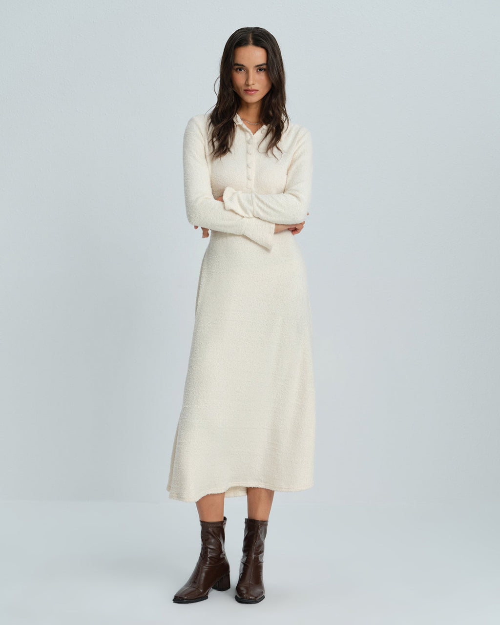 Apricot Midi Dress with Bell Sleeves and Collar