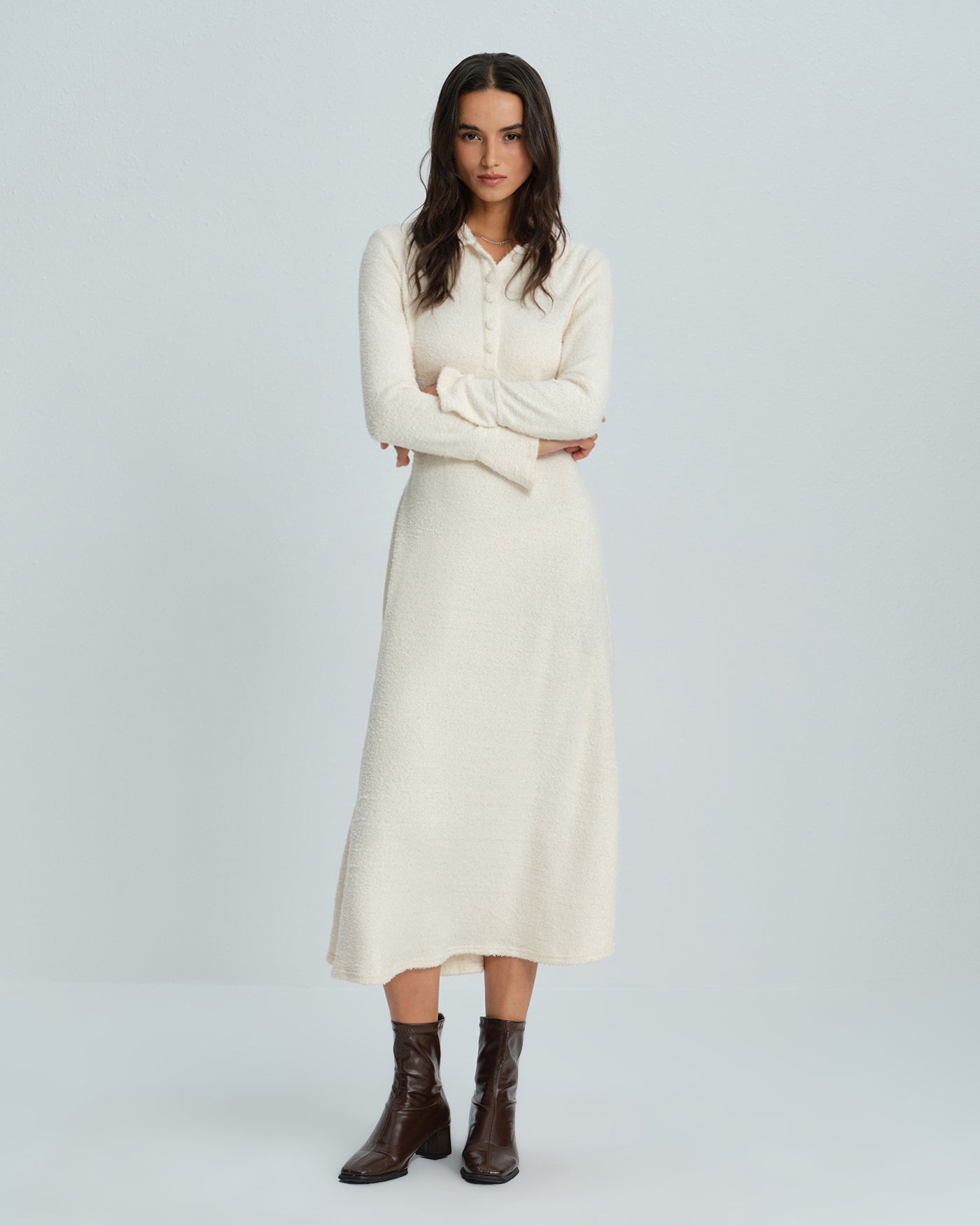 Apricot Midi Dress with Bell Sleeves and Collar