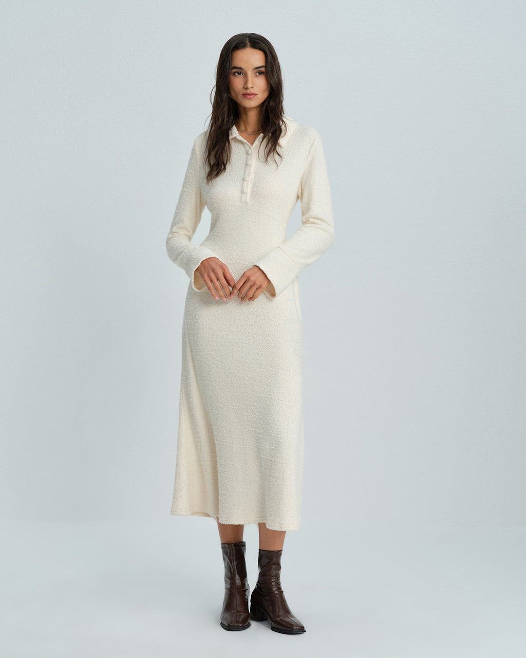 Apricot Midi Dress with Bell Sleeves and Collar