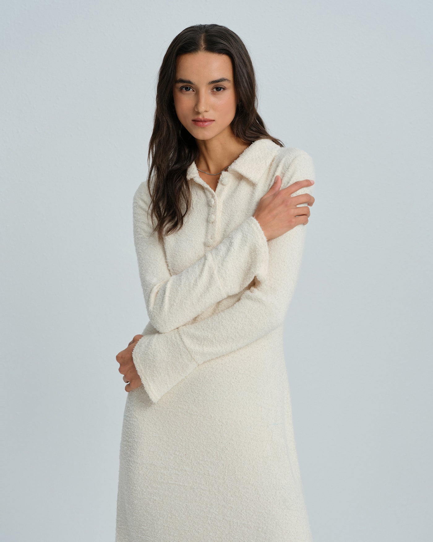 Apricot Midi Dress with Bell Sleeves and Collar