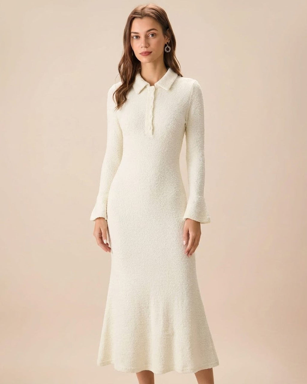 Apricot Midi Dress with Bell Sleeves and Collar