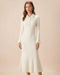 Apricot Midi Dress with Bell Sleeves and Collar