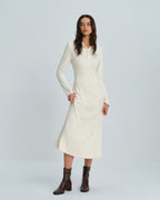 Apricot Midi Dress with Bell Sleeves and Collar