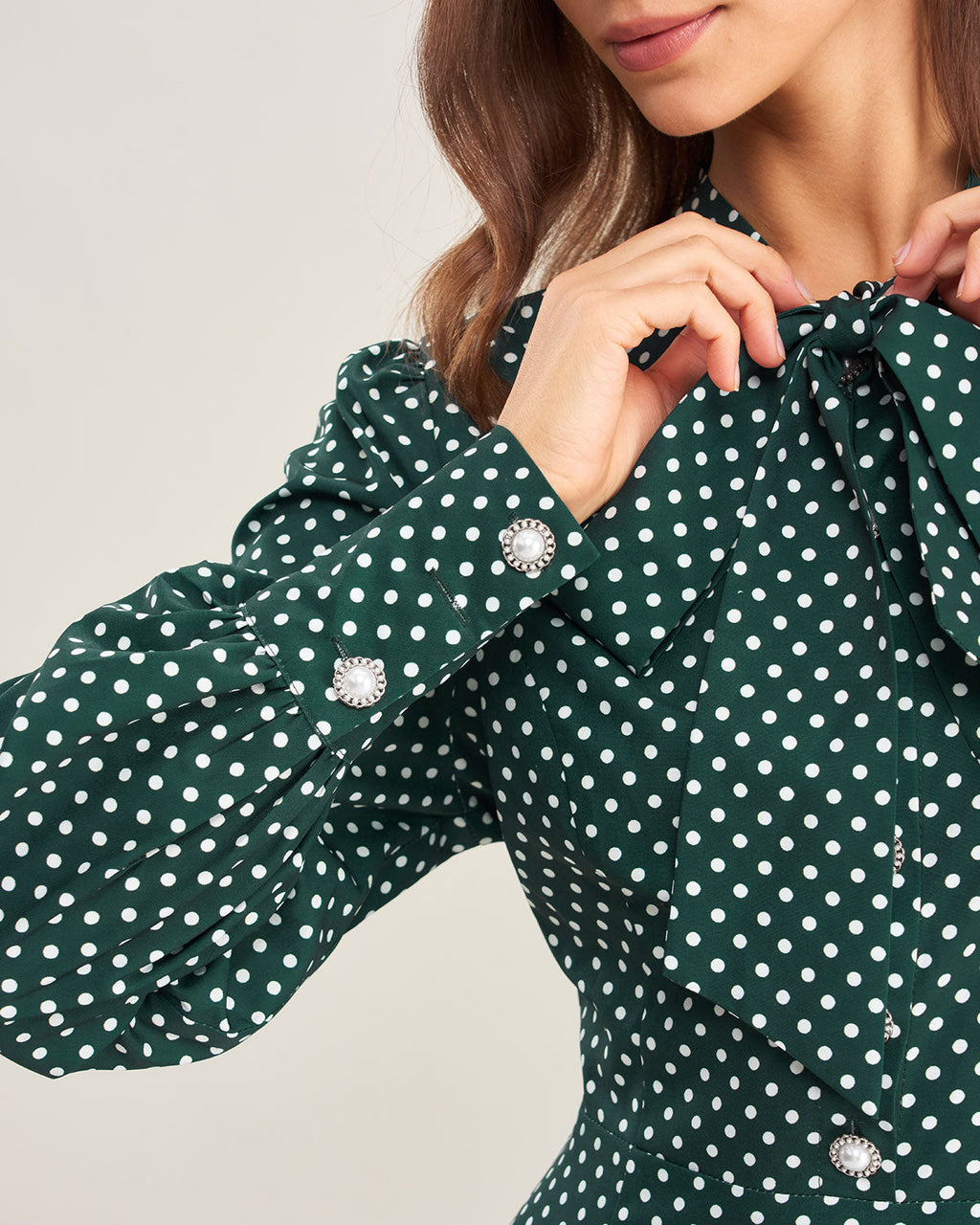 Green Midi Dress with Polka Dot Tie Neck