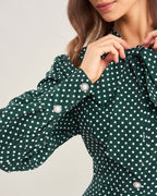 Green Midi Dress with Polka Dot Tie Neck