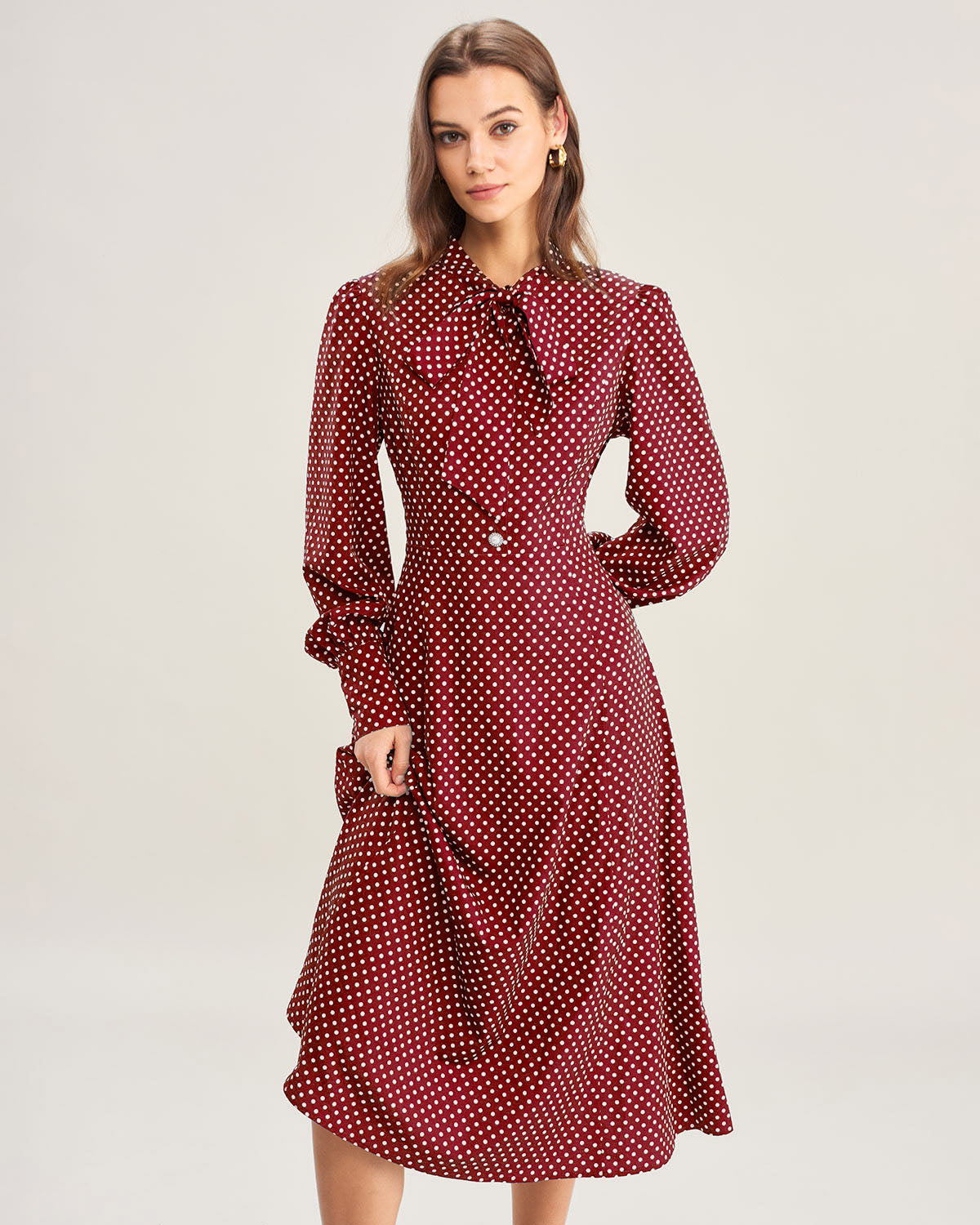 Polka Dot Midi Dress with Bishop Sleeves in Wine Red