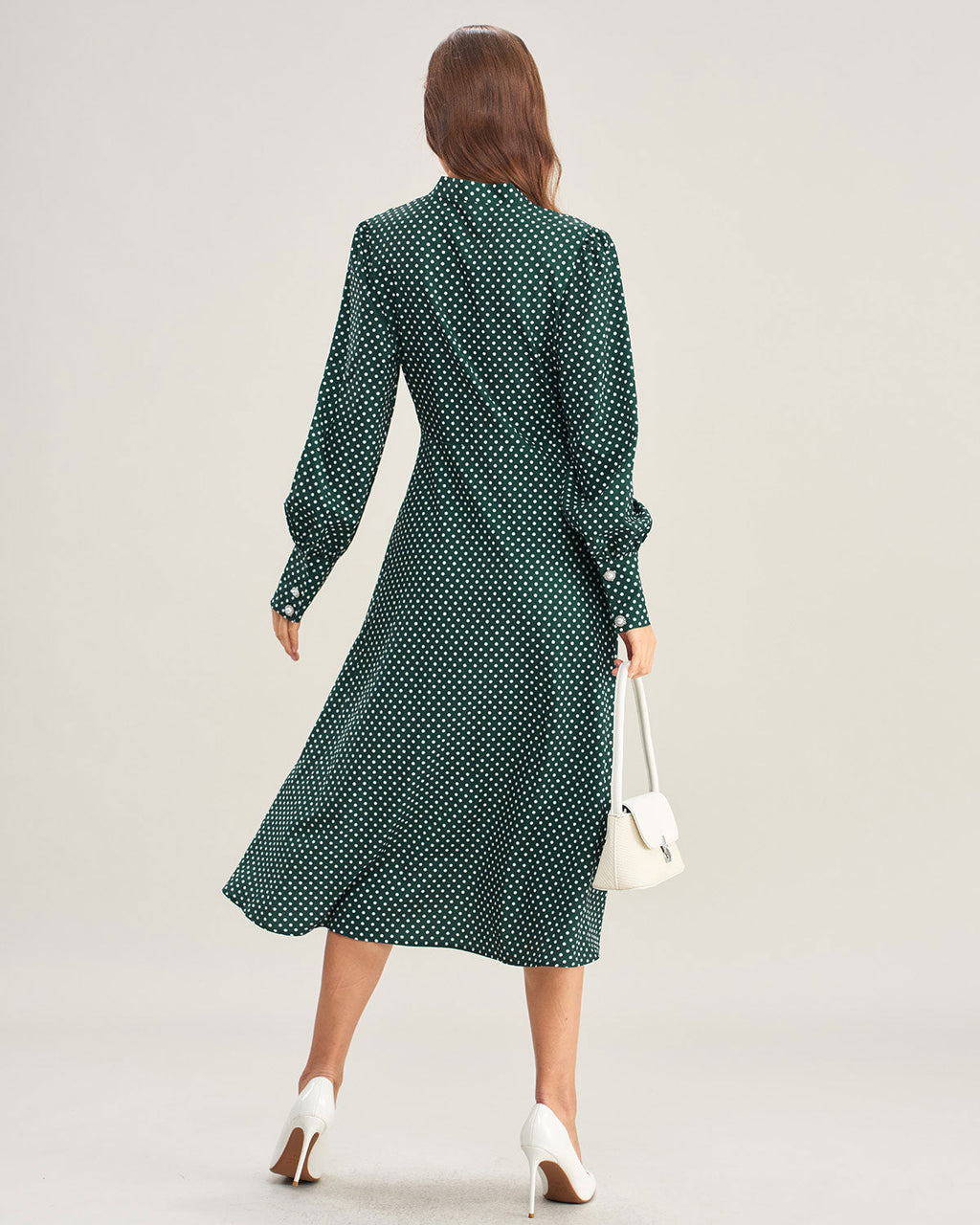 Green Midi Dress with Polka Dot Tie Neck